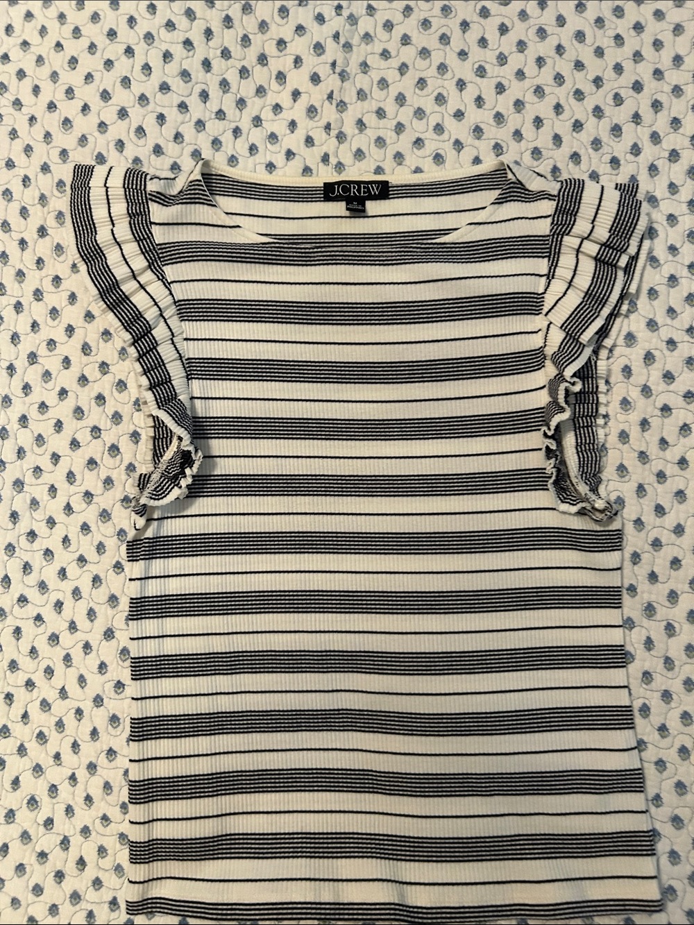 J. Crew Black and White Striped Ruffle Sleeve Tank